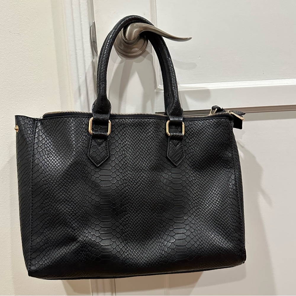 ASOS Black Crocodile Embossed Work Laptop Bag, Gold Hardware